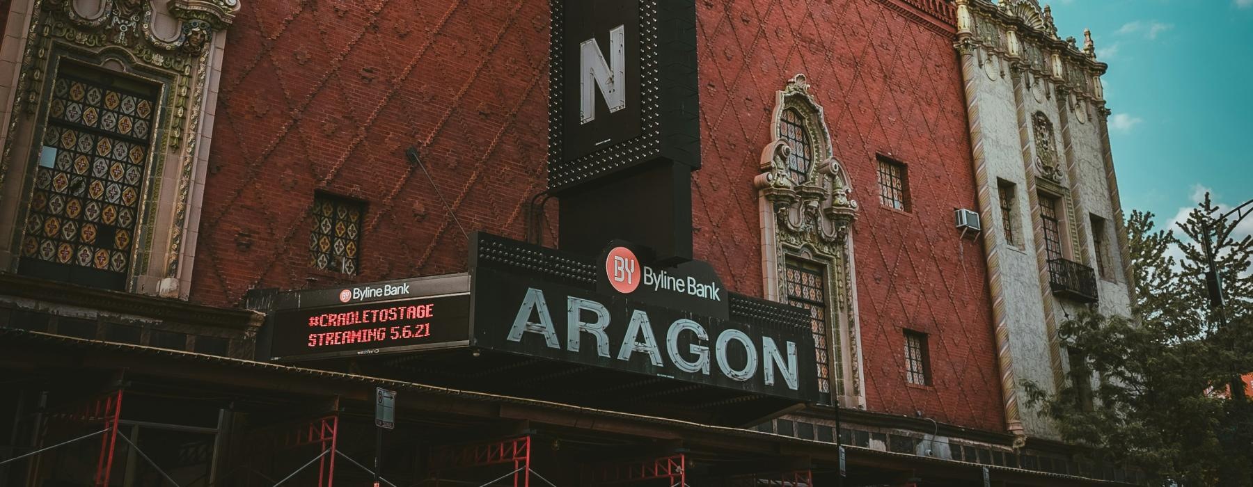 a large building with a sign on it